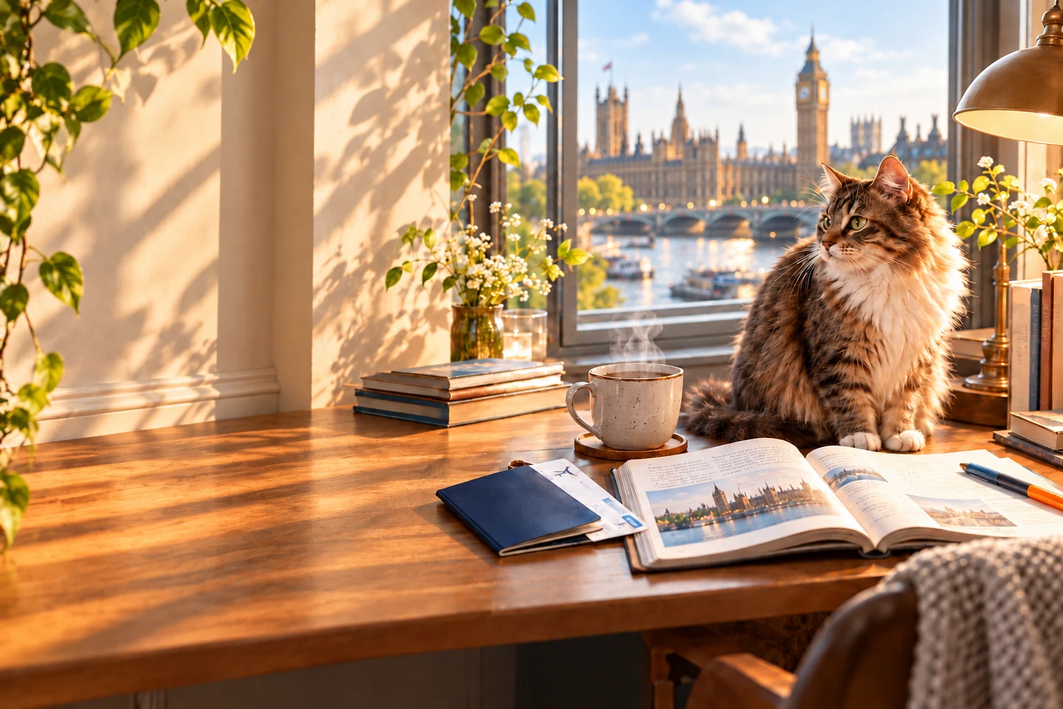 A cosy study desk with a cat, a cup of tea and a view of London